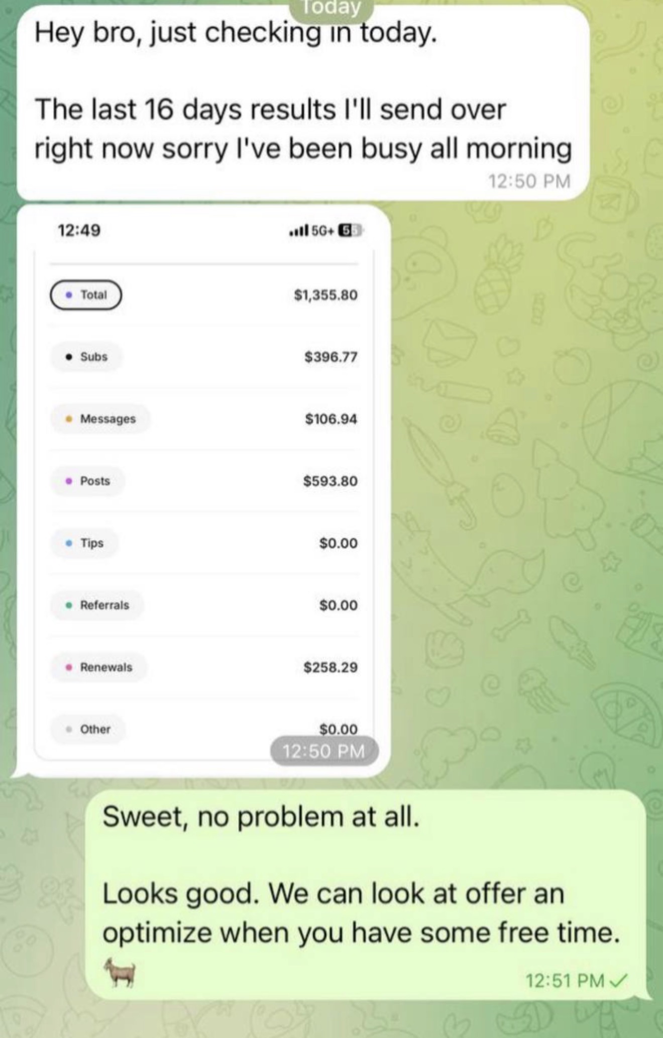 Text conversation showing earnings breakdown totaling $1,355.80 over 16 days