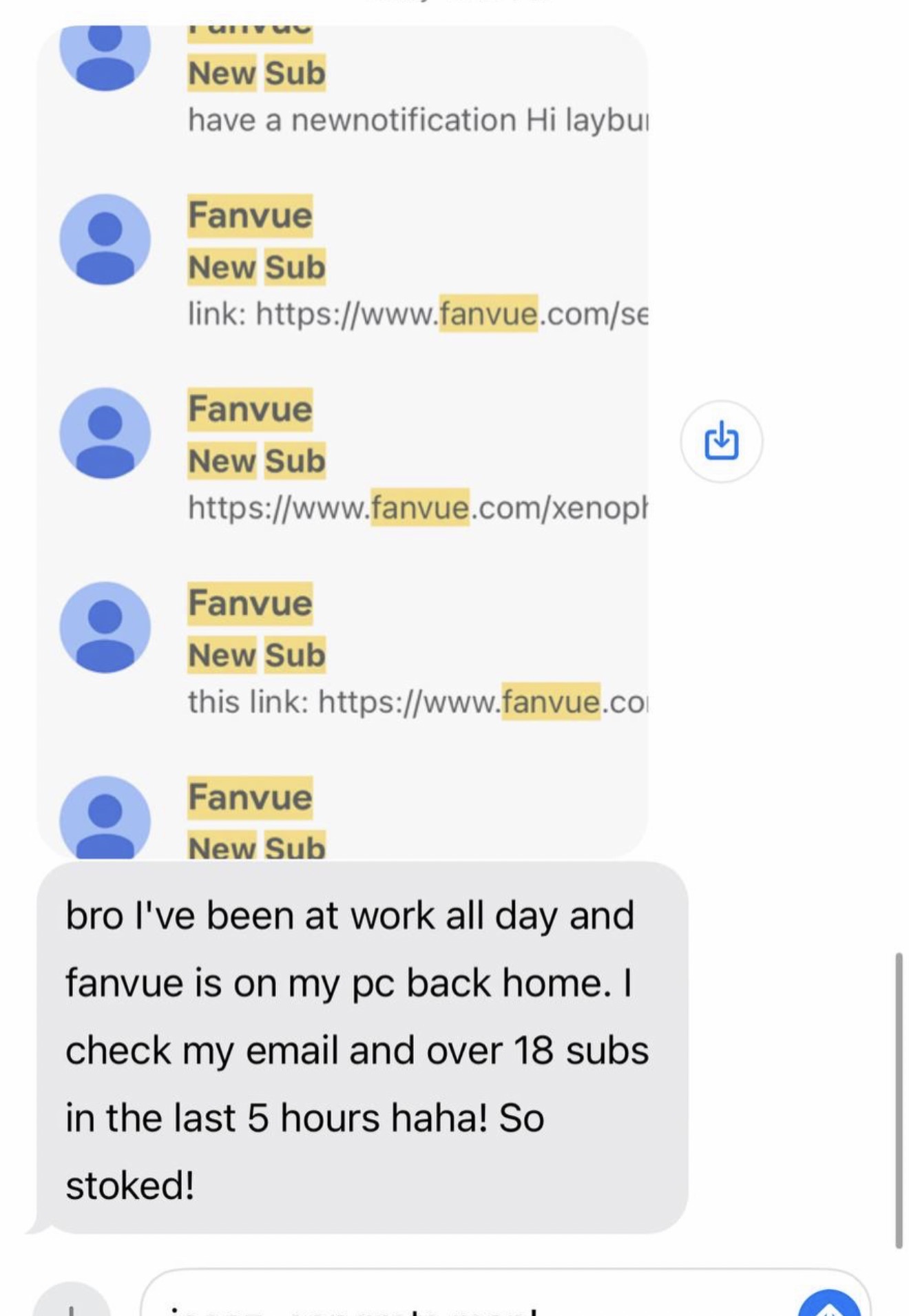Fanvue notifications showing new subscribers and message about getting 18 subs in 5 hours